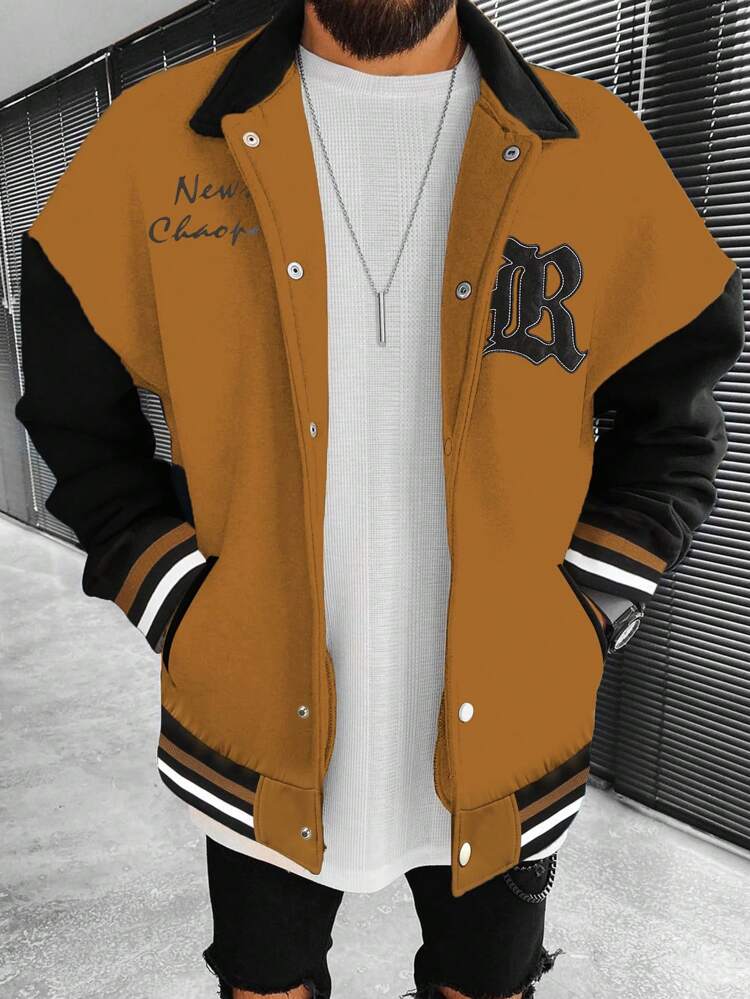 Loose Fit Men's Varsity Jacket With Letter Patched And Striped Trim, Drop Shoulder Style
