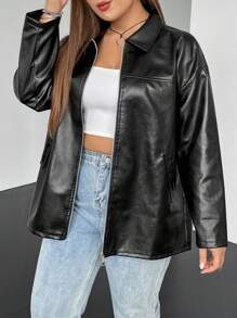 SHEIN EZwear 大碼拉鏈開襟落肩袖PU皮革外套 - 黑色 - 查看 1