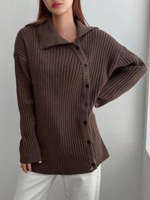 DAZY Áo len cổ lọ cài nút vai, quần áo nữ mùa thu - màu nâu - Xem 6