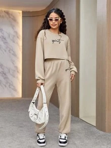 Teen Girl Letter Graphic Drop Shoulder Sweatshirt & Sweatpants - Khaki - View 4
