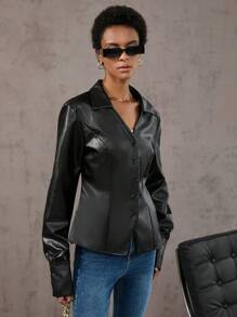 Aveloria Solid PU Leather Button Front Shirt Fall Cloth For Women - Black - View 3