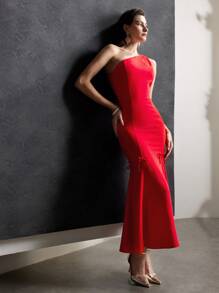 MOTF PREMIUM 單肩蝴蝶結細節洋裝 - 紅色 - 查看 3