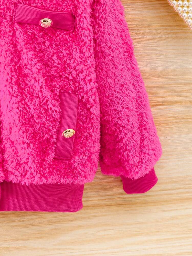 Young Girl 1pc Button Detail Teddy Bomber Jacket