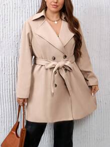 SHEIN Privé Plus Double Breasted Belted Overcoat - Brown - View 7