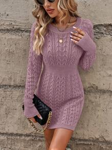 SHEIN LUNE Cable Knit Raglan Sleeve Sweater Dress Fall Winter Cloth For Women - Dusty Purple - View 6