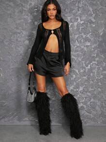 Hauture New Women's Black Fuzzy Pointed Toe Chunky Heel Boots Shoe