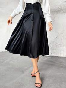 SHEIN Privé Rock mit hoher Taille, Knopf vorne - Schwarz - Übersicht 3