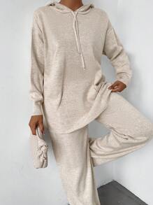 EURMUSE Drop Shoulder Drawstring Hoodie & Sweatpants - Beige - View 4