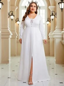 SHEIN Belle Plus Guipure Lace Insert Split Thigh Wedding Dress - White - View 6