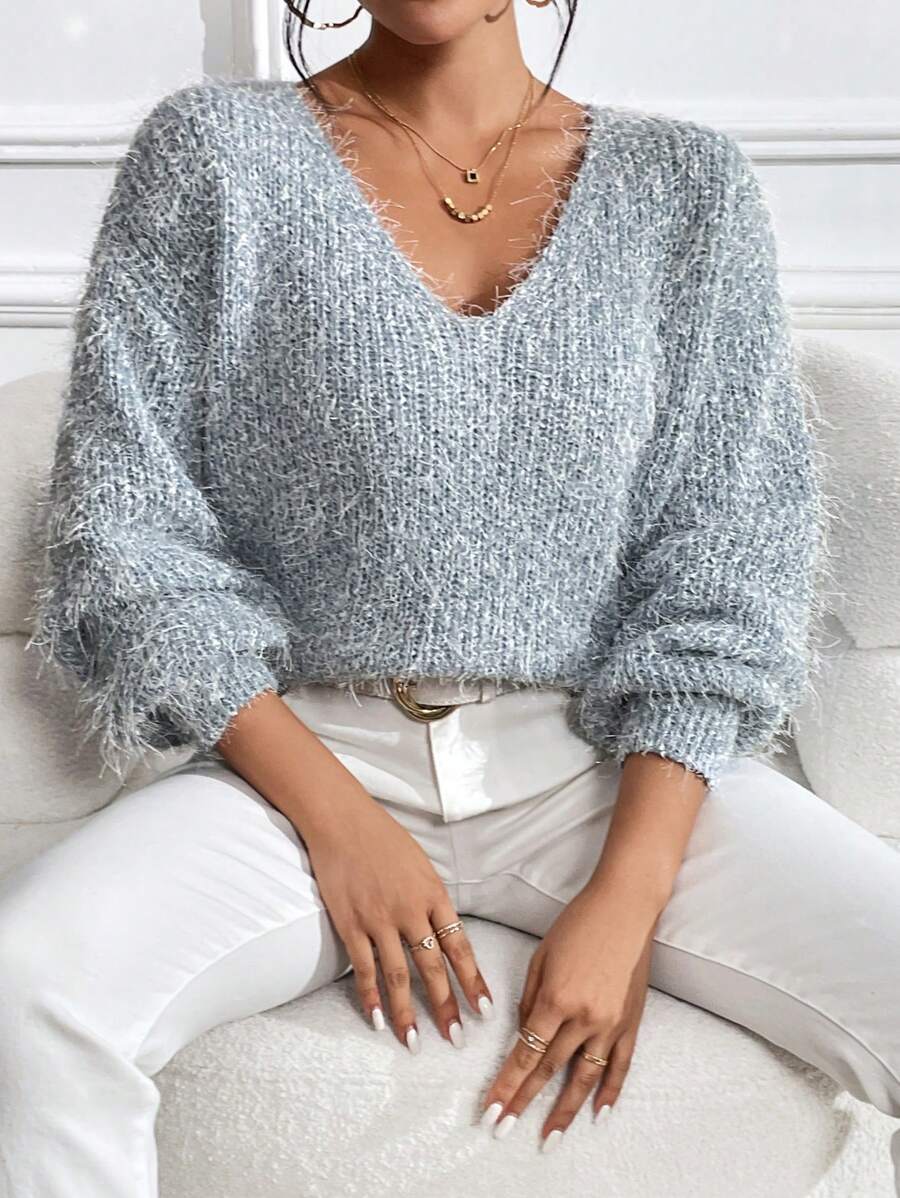 SHEIN Clasi Áo len mờ trễ vai - Màu xanh lam - Xem 1