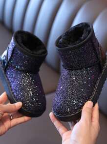 Kids Unisex Sparkly Lightweight Waterproof Round Toe Slip-On Flat Snow Boots Plush Lining For Outdoor And Daily Wear - Black - View 3