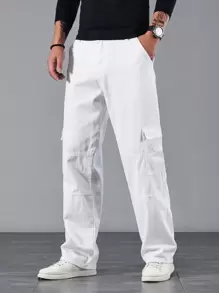 Manfinity Homme Loose Fit Men's Jeans With Flap Side Cargo Pockets, Men White Cargo Pants, Men Straight Leg Cargo Pants, Men Casual Cargo Pants - Beige - View 6