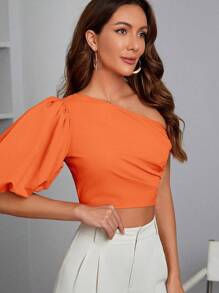 SHEIN Privé One Shoulder Puff Sleeve Crop Blouse - Orange - View 5