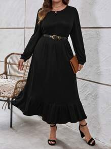 SHEIN LUNE Plus Solid Ruffle Hem Dress Without Belt - Black - View 4