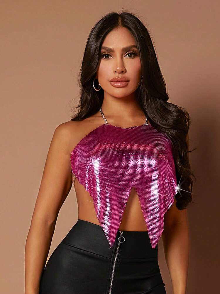 Mirror Asymmetrical Hem Backless Metallic Halter Top