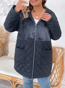 SHEIN LUNE 大碼雙口袋落肩袖連帽絎縫外套 - 灰色 - 查看 6