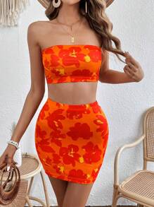 Soleia Floral Print Tube Top & Bodycon Skirt - Orange - View 5
