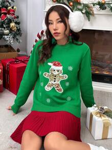 SHEIN Unity Jersey con patrón de Navidad con lentejuelas - Verde - Ver 5