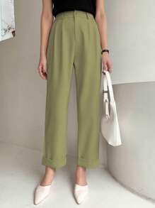 DAZY High Waist Plicated Detail Roll Up Hem Pants - Green - View 3