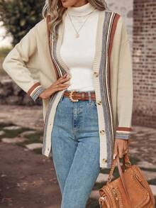 SHEIN LUNE Cárdigan ribete de rayas de hombros caídos - Multicolor - Ver 5