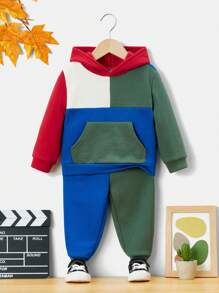 SHEIN 男嬰撞色袋鼠口袋連帽衫和運動褲 - 彩色 - 查看 1