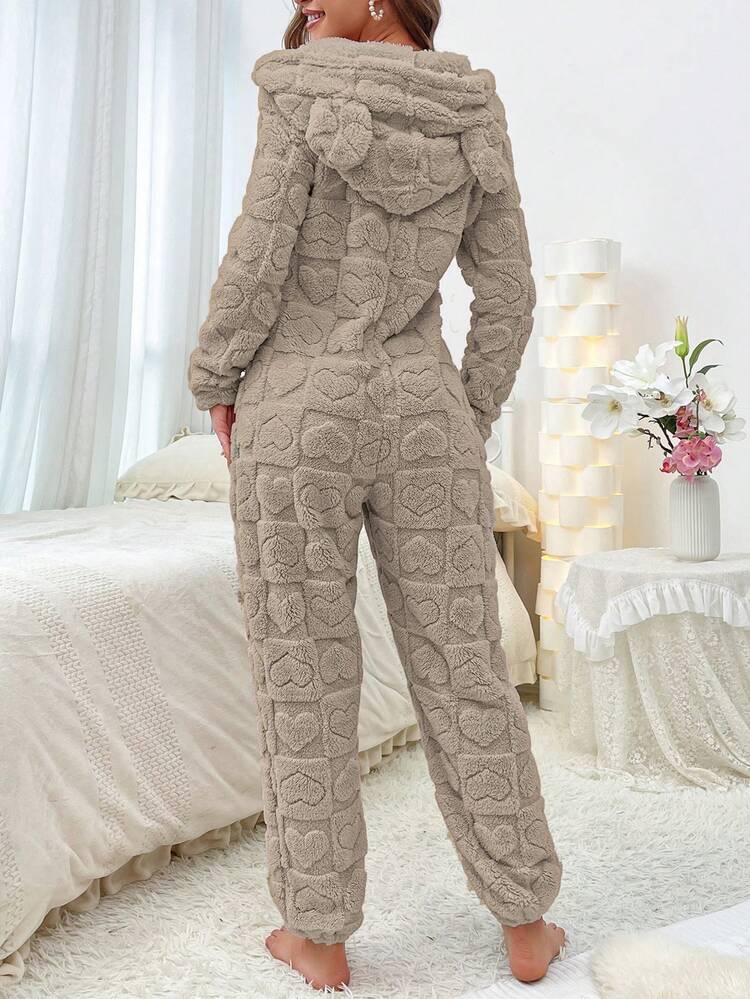3D Ear Design Hooded Zipper Front Flannel Lounge Jumpsuit