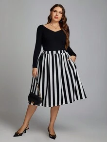 SHEIN Clasi 加條紋印花喇叭裙 - 黑與白 - 查看 4