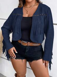 SHEIN LUNE Plus Fringe Trim Open Front Crop Jacket - Navy Blue - View 4