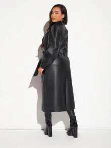 SHEIN SXY Solid PU Leather Trench Coat - Black - View 2