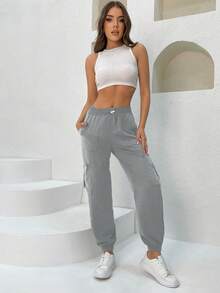 EURMUSE Quần có dây rút ở eo có túi bên hông - Xám - Xem 3