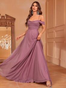 Faeriesty Women Elegant Elegant Cold Shoulder Bridesmaid Gown With Adjustable Rope-Tie Back & Flowing Wide Skirt | Luxury Formal Wear For Weddings, Galas, And Cannes Parties,Summer Holiday Outfits