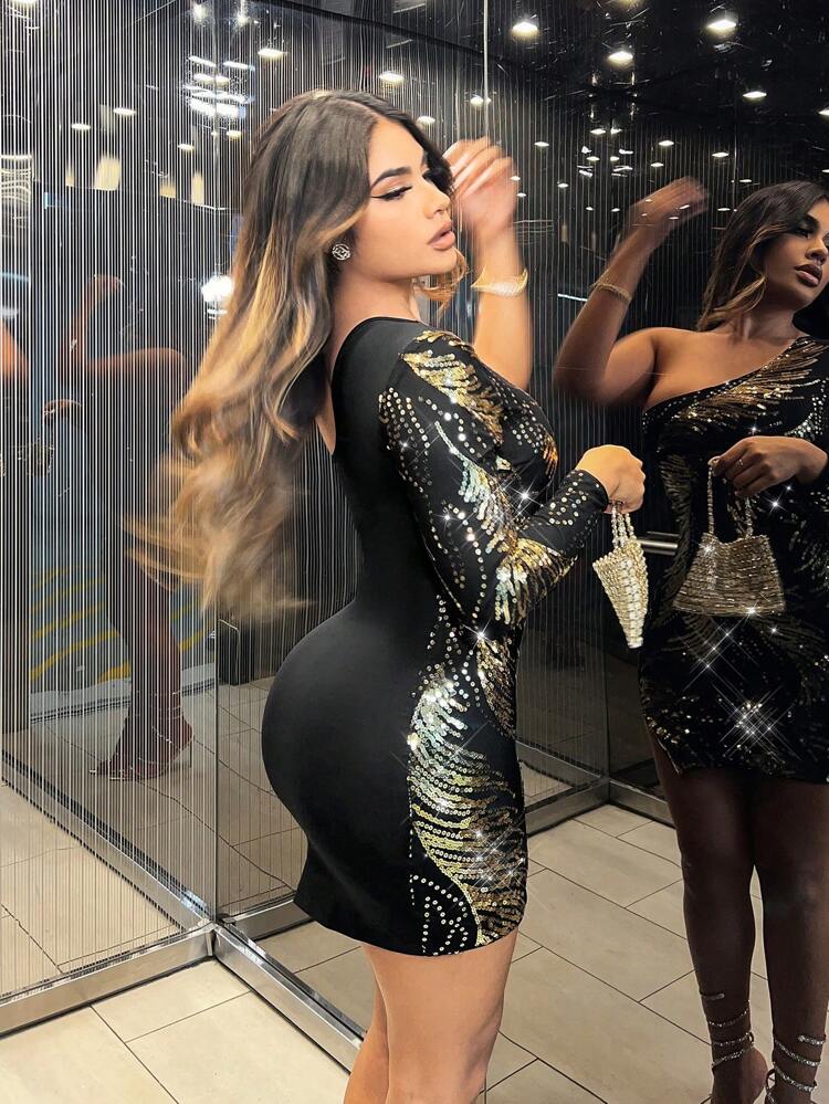 One Shoulder Split Hem Sequin Bodycon Dress
