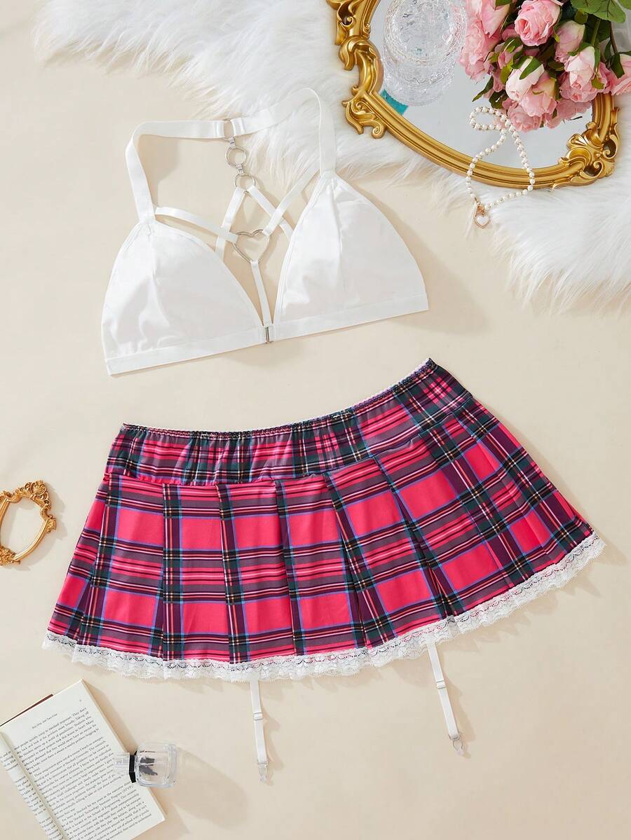 Talla grande Set de lencería con estampado de tartán arnés - Multicolor - Ver 1