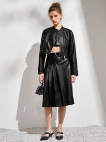 SHEIN Unity 拉鏈開襟PU皮革短夾克 - 黑色 - 查看 4