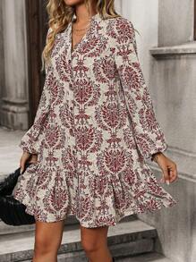 SHEIN Clasi Allover Print Notched Neckline Lantern Sleeve Ruffle Hem Smock Dress - Multicolor - View 4