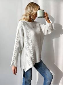 SHEIN Cottnline Solid Drop Shoulder Cable Knit Sweater - White - View 4