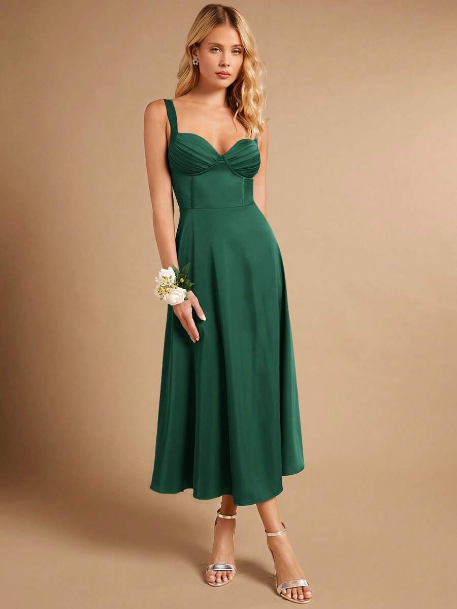 SHEIN Belle 纯色褶饰紧身胸衣吊带伴娘优雅连衣裙