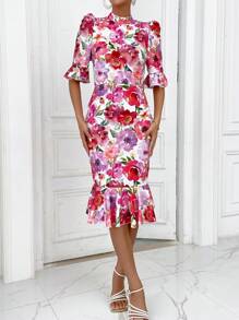 SHEIN Privé 花卉印花荷葉邊袖魚尾下擺洋裝 - 彩色 - 查看 5