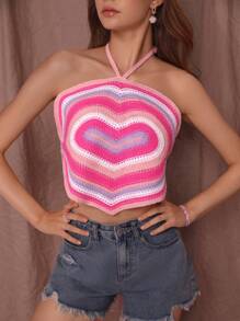 愛心圖案後背繫帶繞頸短款罩衫上衣 - 粉色 - 查看 1