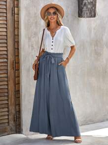 SHEIN LUNE Paperbag Waist Belted Wide Leg Pants - Dusty Blue - View 6
