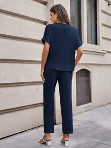 SHEIN LUNE 純色蝙蝠翼袖襯衫和束帶長褲