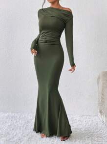 Allurite Vestido largo con cuello asimétrico, drapeado y bajo de cola de sirena para mujeres, atuendo de otoño - Verde militar - Ver 5
