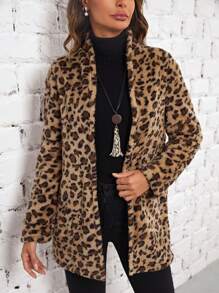 EMERY ROSE Leopard Open Front Teddy Coat - Multicolor - View 6