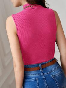 SHEIN Frenchy Bộ đồ liền thân dệt kim có gân cổ giả - Màu Hồng Tươi - Xem 5