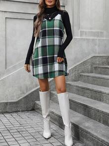 SHEIN LUNE 格紋印花背帶洋裝無毛衣 - 綠色 - 查看 6