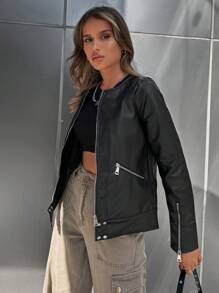 EURMUSE 拉鏈開襟PU皮革夾克 - 黑色 - 查看 3