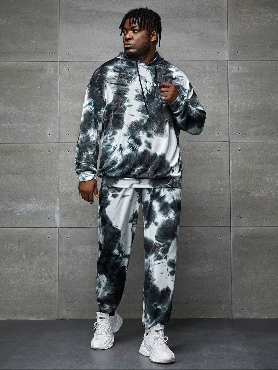 GENTILAND Men Plus Tie Dye Drop Shoulder Drawstring Hoodie & Sweatpants - Multicolor - View 1
