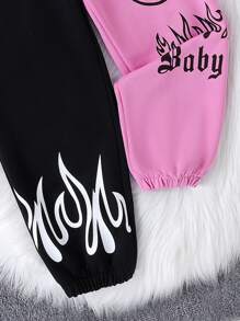 SHEIN 女童字母圖案連帽衫、運動褲和吊帶背心 - 粉色 - 查看 3