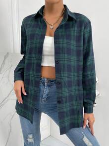 SHEIN Unity 格紋印花前紐扣襯衫 - 綠色 - 查看 4