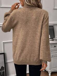 SHEIN LUNE 高領荷葉邊燈籠袖套頭毛衣 - 卡其色 - 查看 2